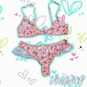 [L] Pink/Red/White Gingham Plaid Lace Cherry Bunny Heart Bra/Bralette + Panty